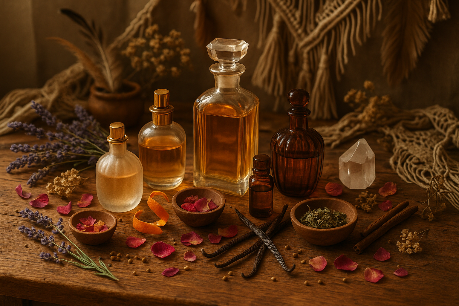 perfume bottle essential oils on a wooden table with ingredients and boho vibe