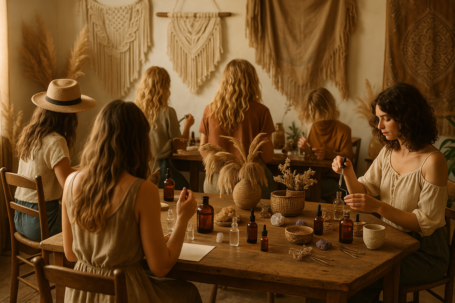 perfume making workshop with students but not showing their faces, boho theme