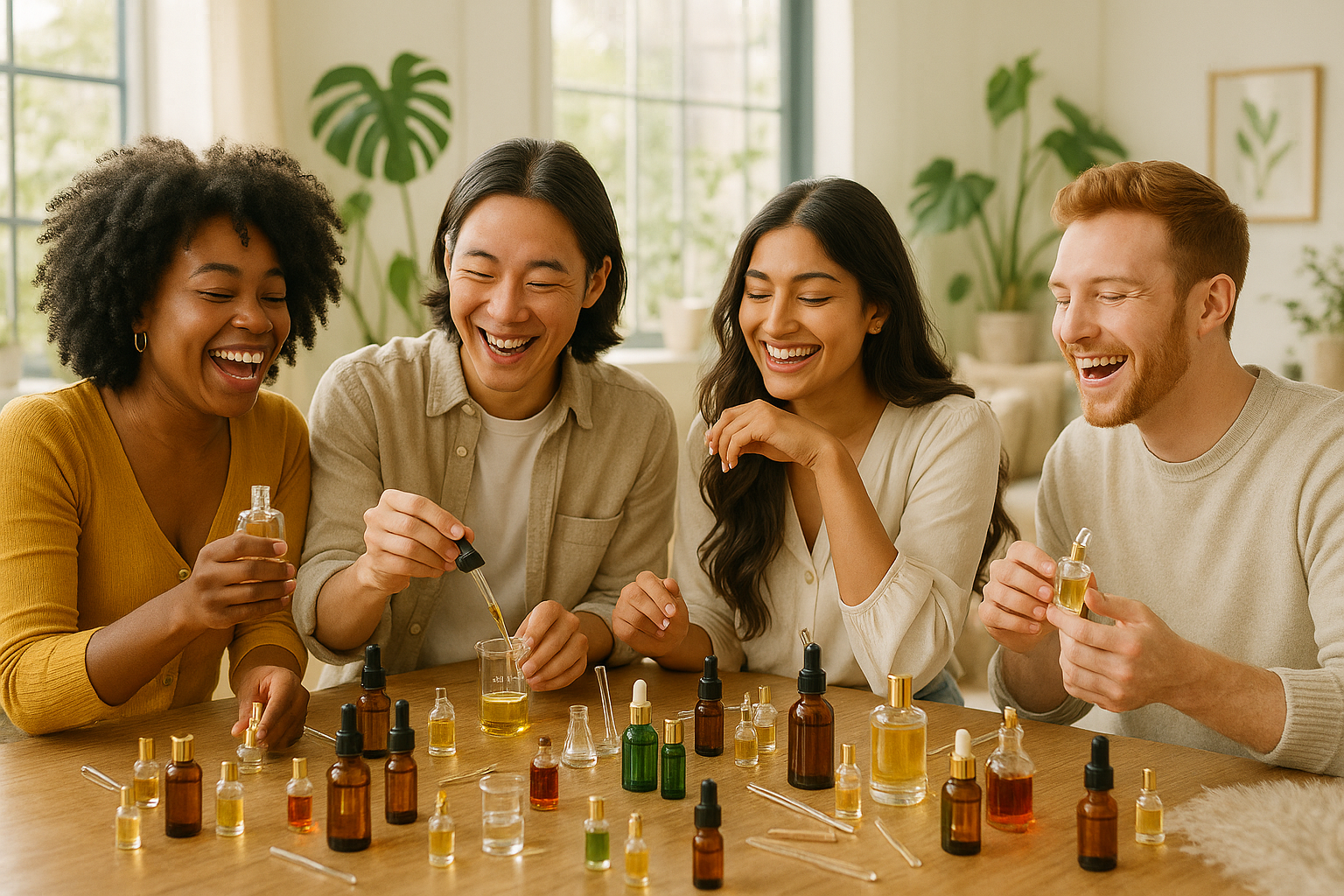 a group of friends having fun while blending perfume
