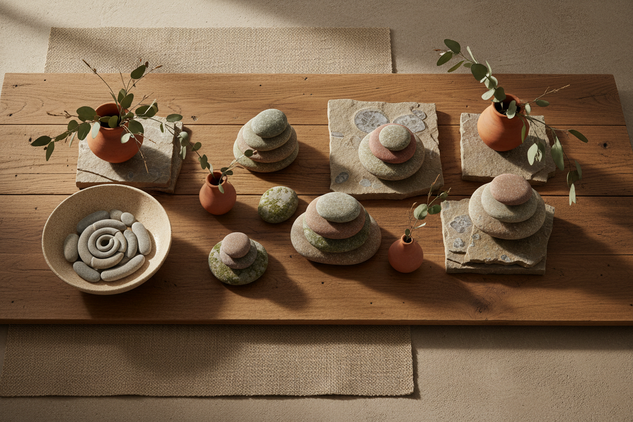 Earth tones, wood, stone aesthetic