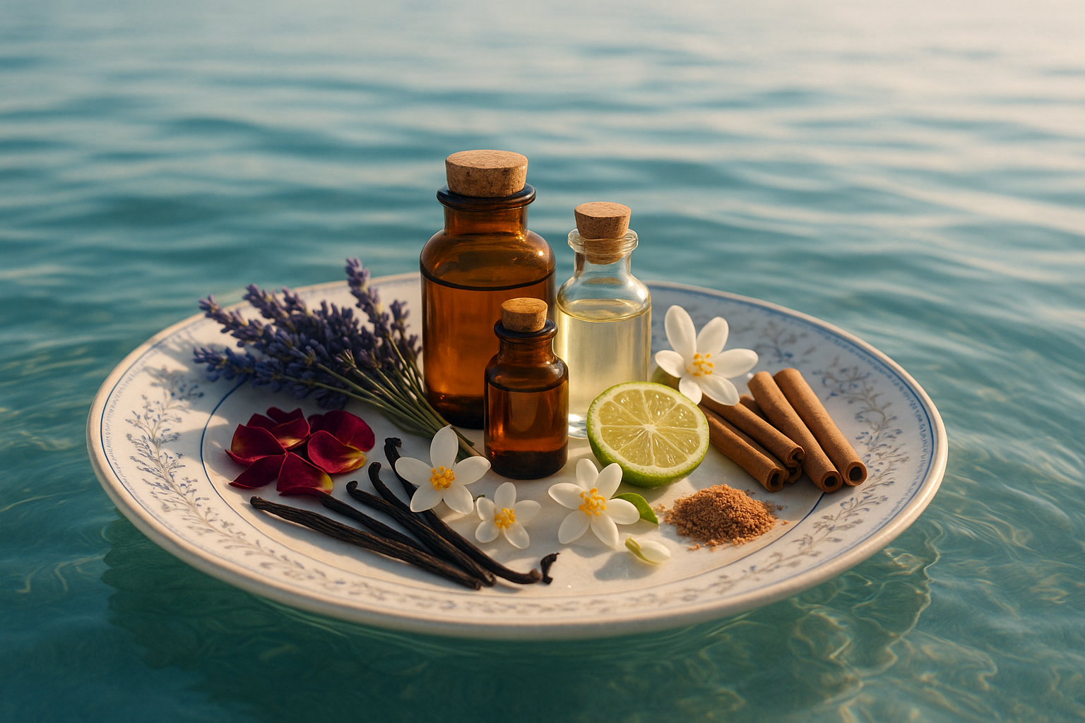 essential oils on a plate floating in the ocean, have ingredients decor on the plate that are central to perfumery