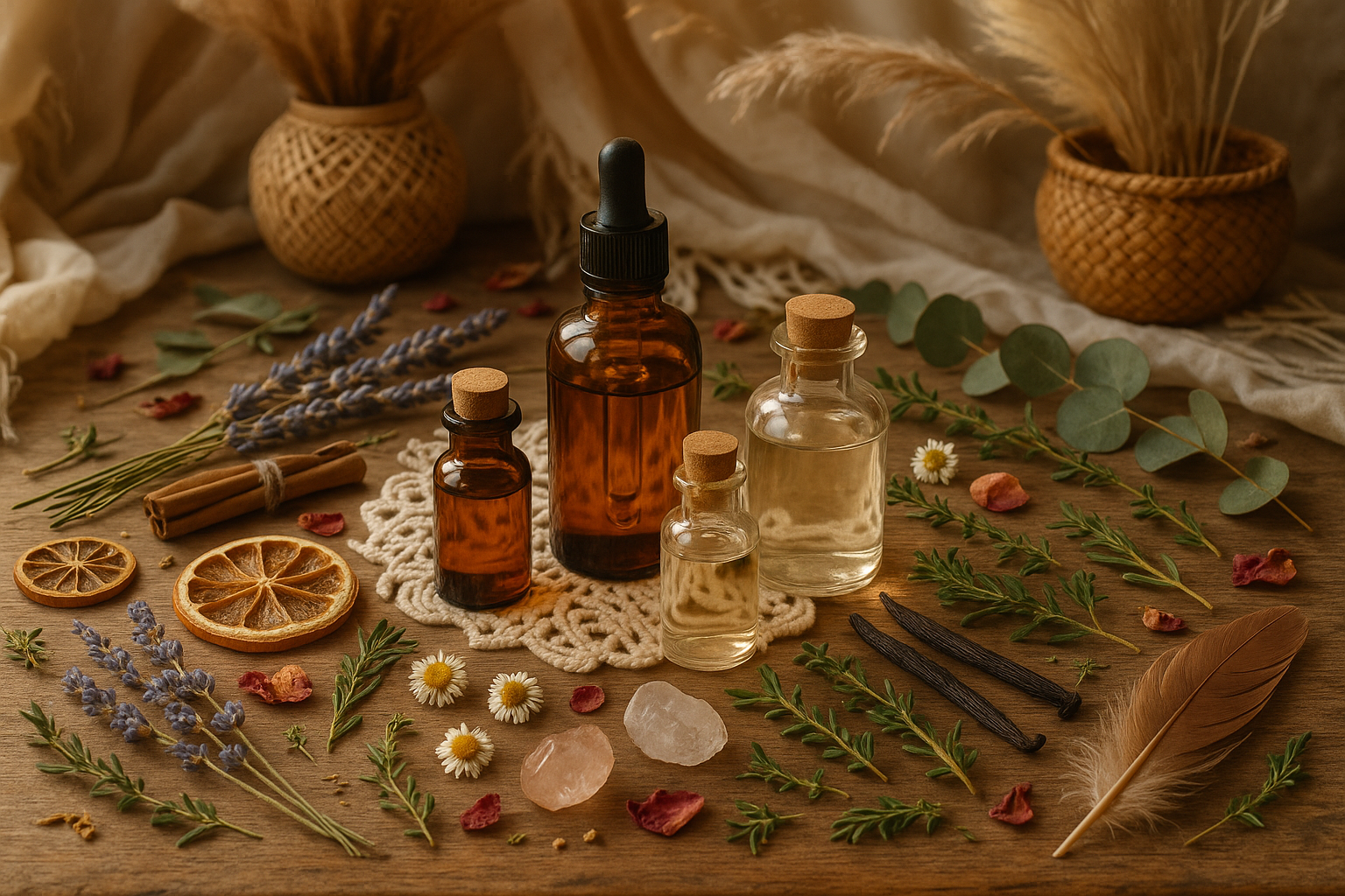 essential oils with ingredients all around the bottles very boho and beautiful design