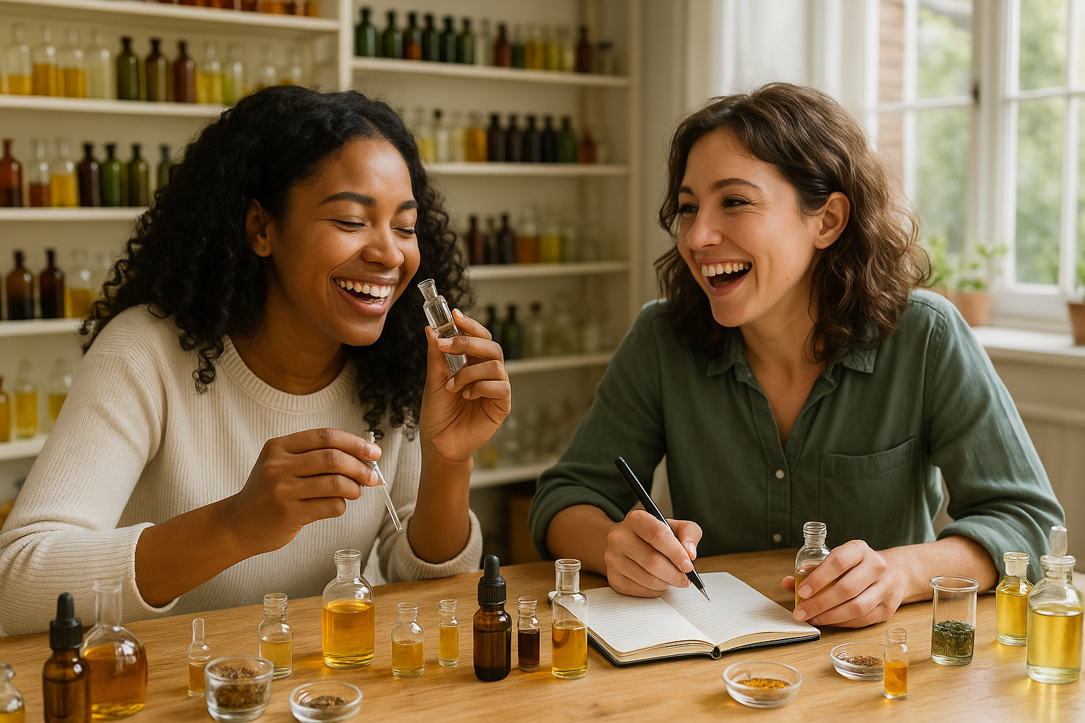 two friends having fun during perfumery class